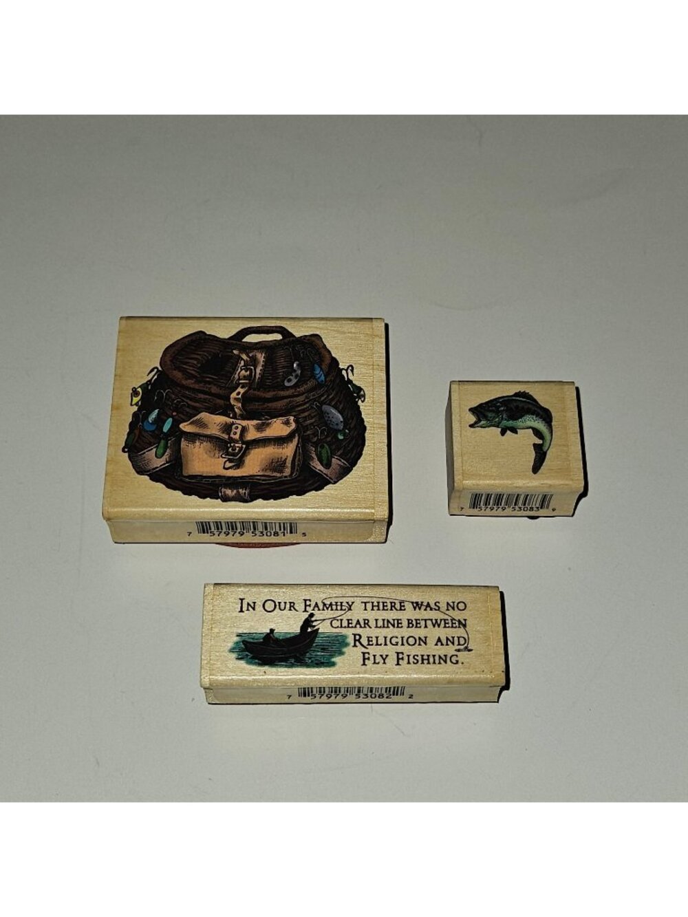VTG Fly Fishing Rubber Stamp Lot PSX 2000 SK616a SK616b SK616c Lure Bag Religion